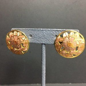 Cloisonné Flower Pierced Earrings Pink Enamel Gold Round Cutaway Vintage Barbie